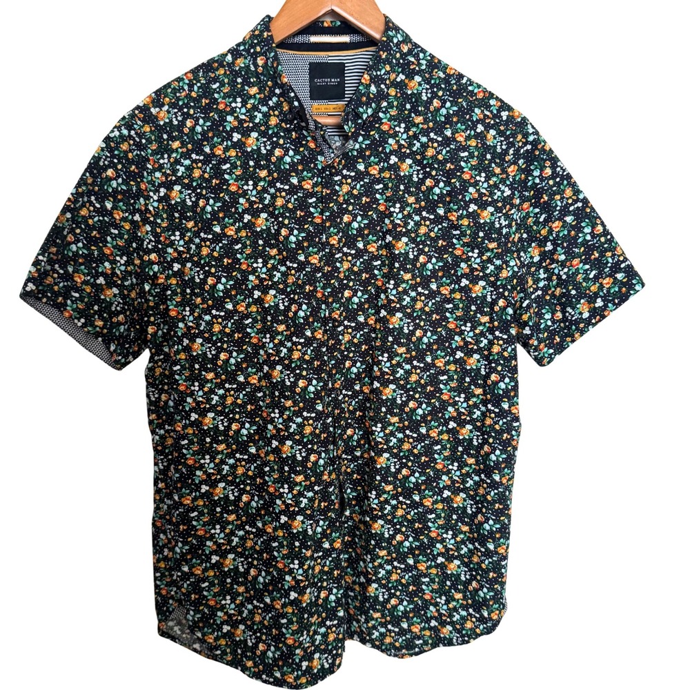 Cactus Man Nicky Singer Mens Large Floral Short Sleeve Button Down Shirt Black